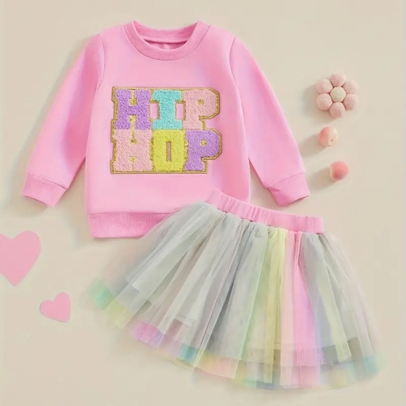 Other - Pink Hip Hop Sweatshirt and Rainbow Tulle Skirt Set